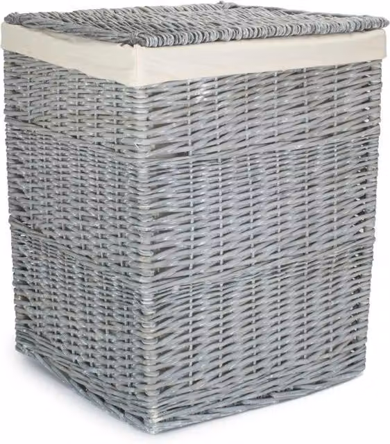 Red Hamper Grey Wash Square Wicker Laundry Basket with White Cotton Lining and Handles, Small, W/D/H: 33.0 x 50.0 x 33.0 cm