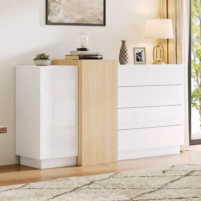 Merax White High Gloss Modern Sideboard with 4 Drawers and 2 Doors – 1
