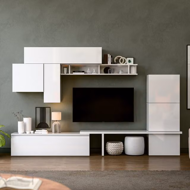 Decorotika Almeria Modern Wall Mounted Entertainment Center with Lowboard and Open Shelving in High Gloss White