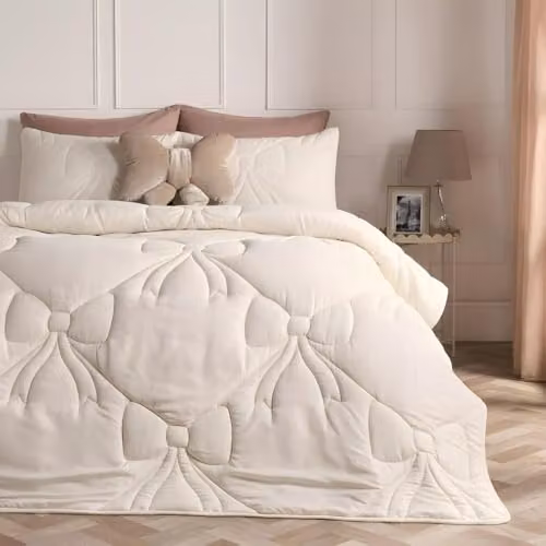 OHS Ivory Microfibre Lattice Bow Coverless 7.5 Tog Single Duvet and Pillowcase Set, W/D/H: 135 x 200 cm