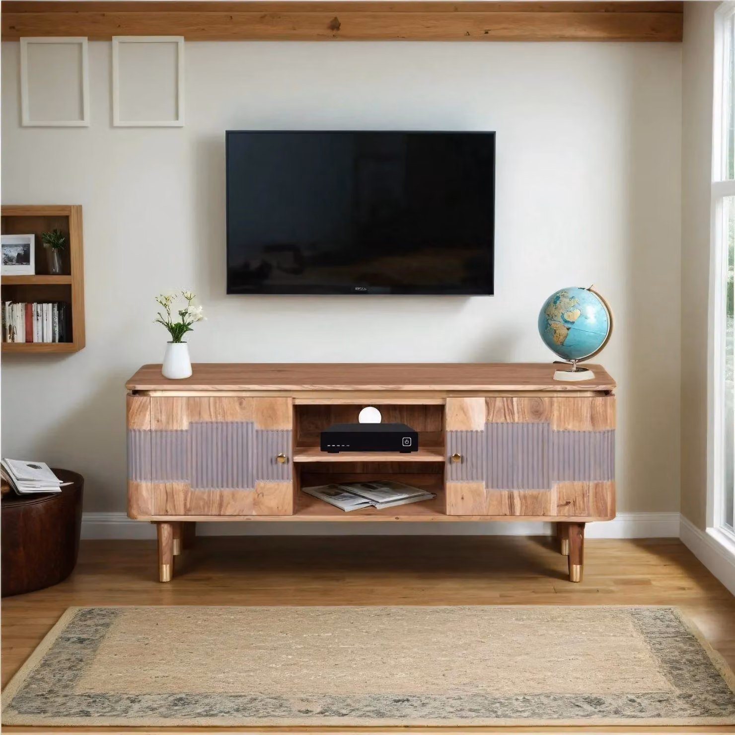 IH Design Alicia Rustic Acacia Wood TV Unit in Grey and Brown, fits up to 60 Inch – 3