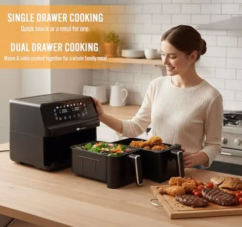 PureMate 9L Dual Air Fryer in Black with Digital Display, 2500W Dual Zone Cooking, Timer and Dishwasher Safe Parts – 5