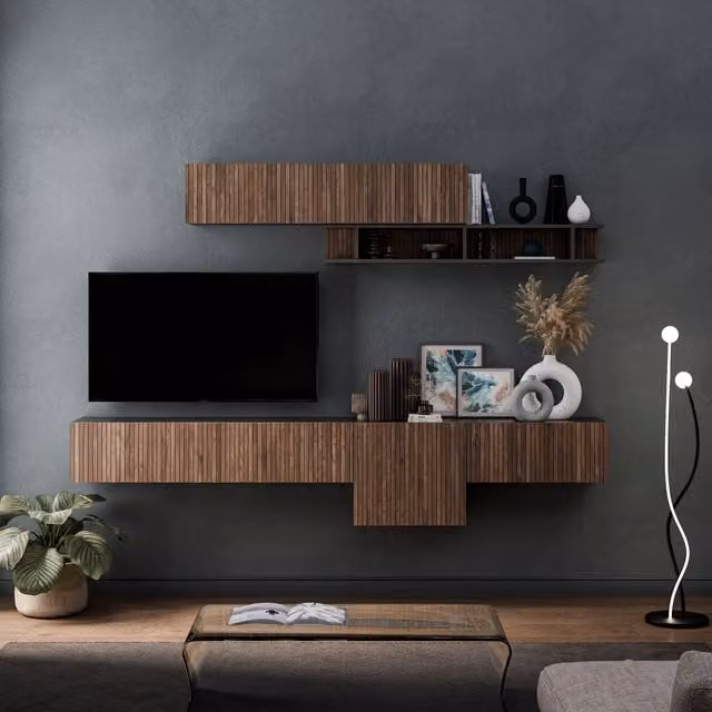 Decorotika Arezzo Wall Mounted Entertainment Center in Black and Brown with Alina Geometric Pattern