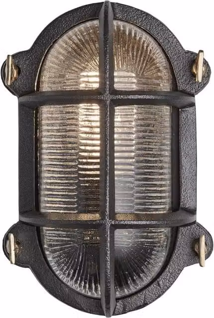 Industville Oval Bulkhead Wall Light for Outdoor and Bathroom Use, Black with Ribbed Glass, Diameter: 15.24 cm – 1