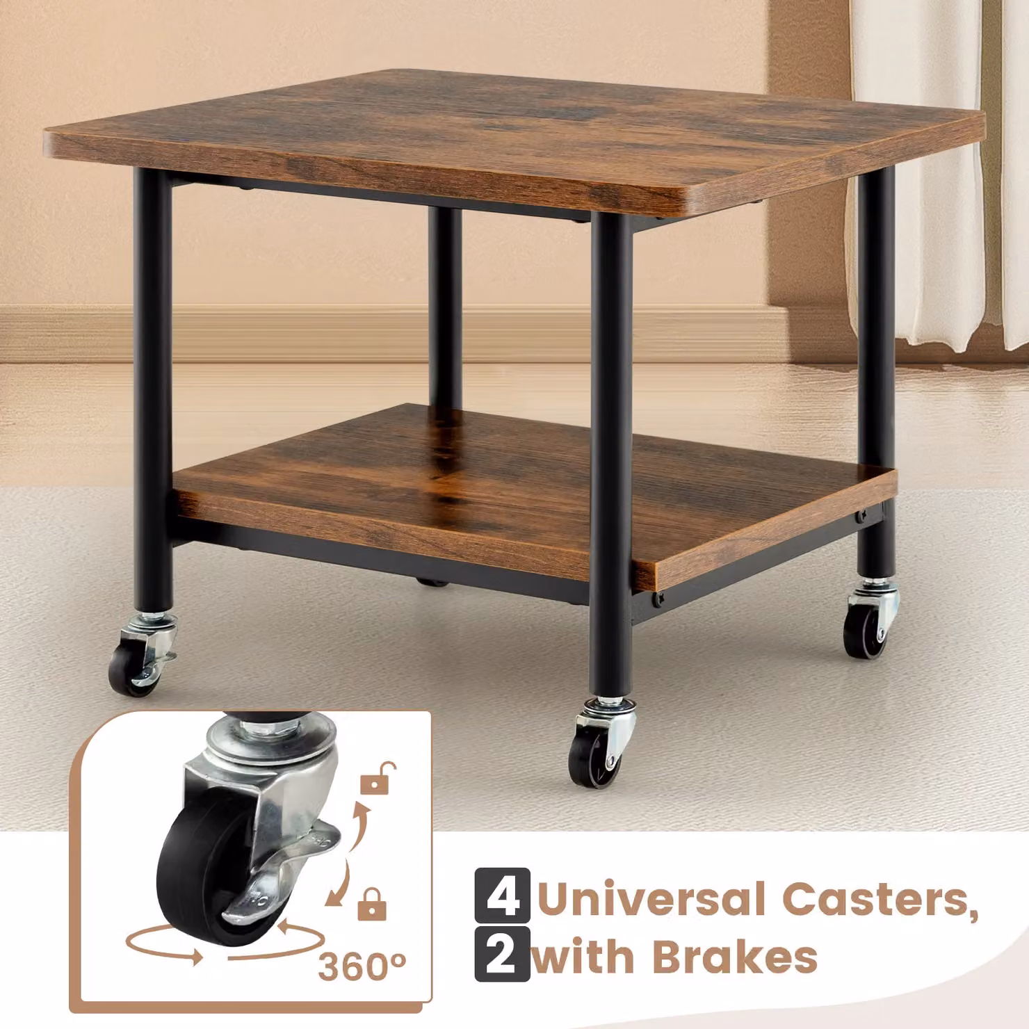 Costway Under Desk Printer Stand with 4 Wheels in Brown – 4