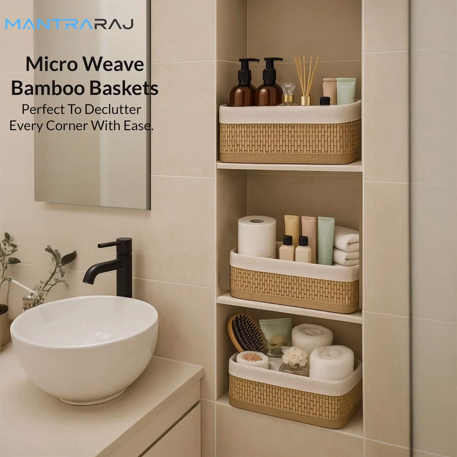 MANTRARAJ Set of 3 Stackable Slatted Bamboo Storage Baskets in Brown – 2