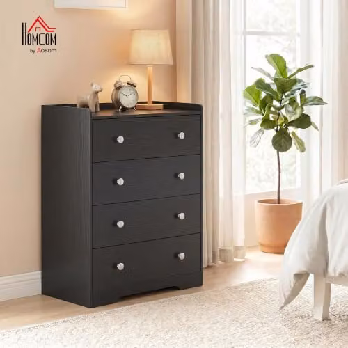 HOMCOM Modern 4 Drawer Chest of Drawers, Black Wood Effect Storage Cabinet – 2