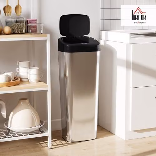 HOMCOM 50L Silver Stainless Steel Fingerprint-Proof Sensor Slim Kitchen Bin – 2