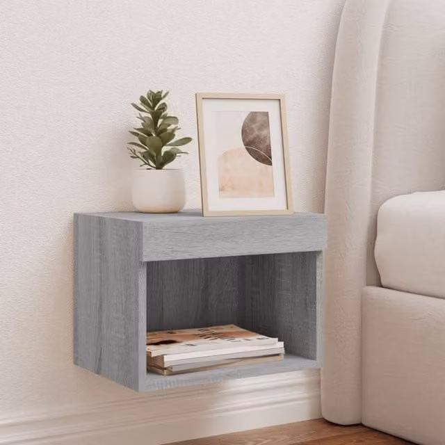 Berkfield Home Wall-mounted Decorative Bedside Cabinet with Integrated LED Lights, Grey Sonoma, W/D/H: 30 x 30 x 30 cm