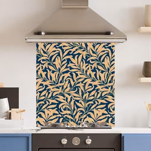 Blue and Yellow Leaf Floral Toughened 6mm Glass Kitchen Splashback, W: 70 cm, H: 75 cm – 1