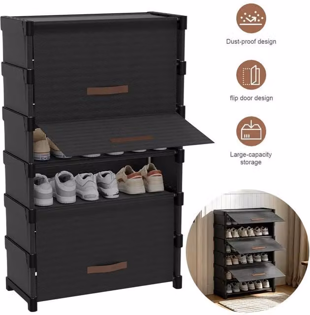 KORVIXA Black 3 Drawer Shoe Cabinet with Tilting Compartments, W/D/H: 100 x 100 x 100 cm – 1
