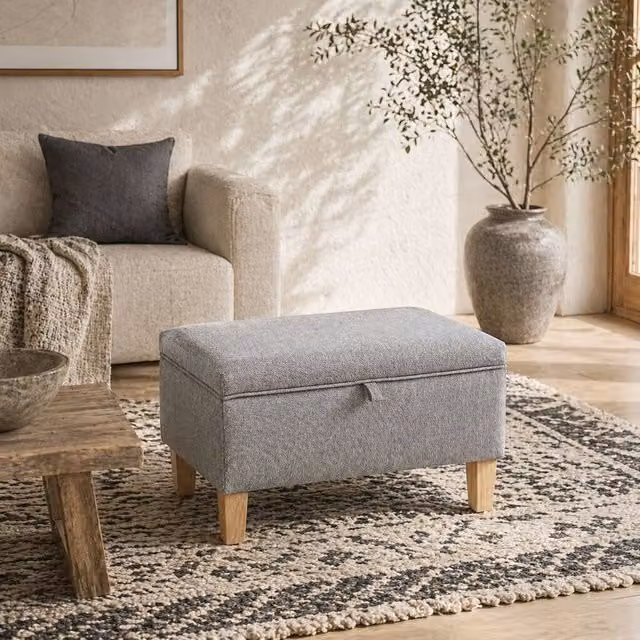 Wyld Haus Solo Linen Effect Storage Ottoman Bench in Light Grey with Natural Wooden Legs, W/D/H: 71.0 x 37.0 x 36.0 cm