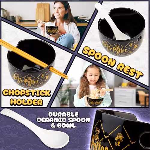 Get Trend Harry Potter Ramen Bowl Set, 600ml Black Ceramic Bowl with Spoon and Bamboo Chopsticks – 9