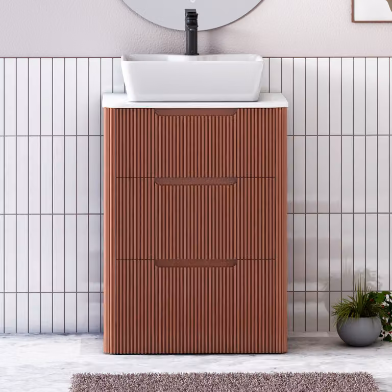 Royal Bathrooms Avenza 600mm Terracotta Clay Floor Standing 3 Drawer Vanity Unit with White Worktop and Cube Basin