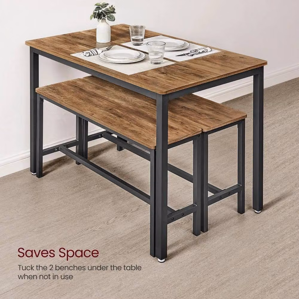SPETLEK Industrial Dining Table and 2 Benches 3 Piece Set in Brown Wood – 3