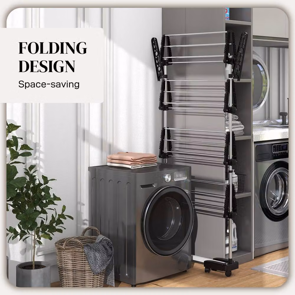 STILVORA Foldable Stainless Steel Clothes Airer with 4 Shelves, Side Arms and Wheels in Black – 4
