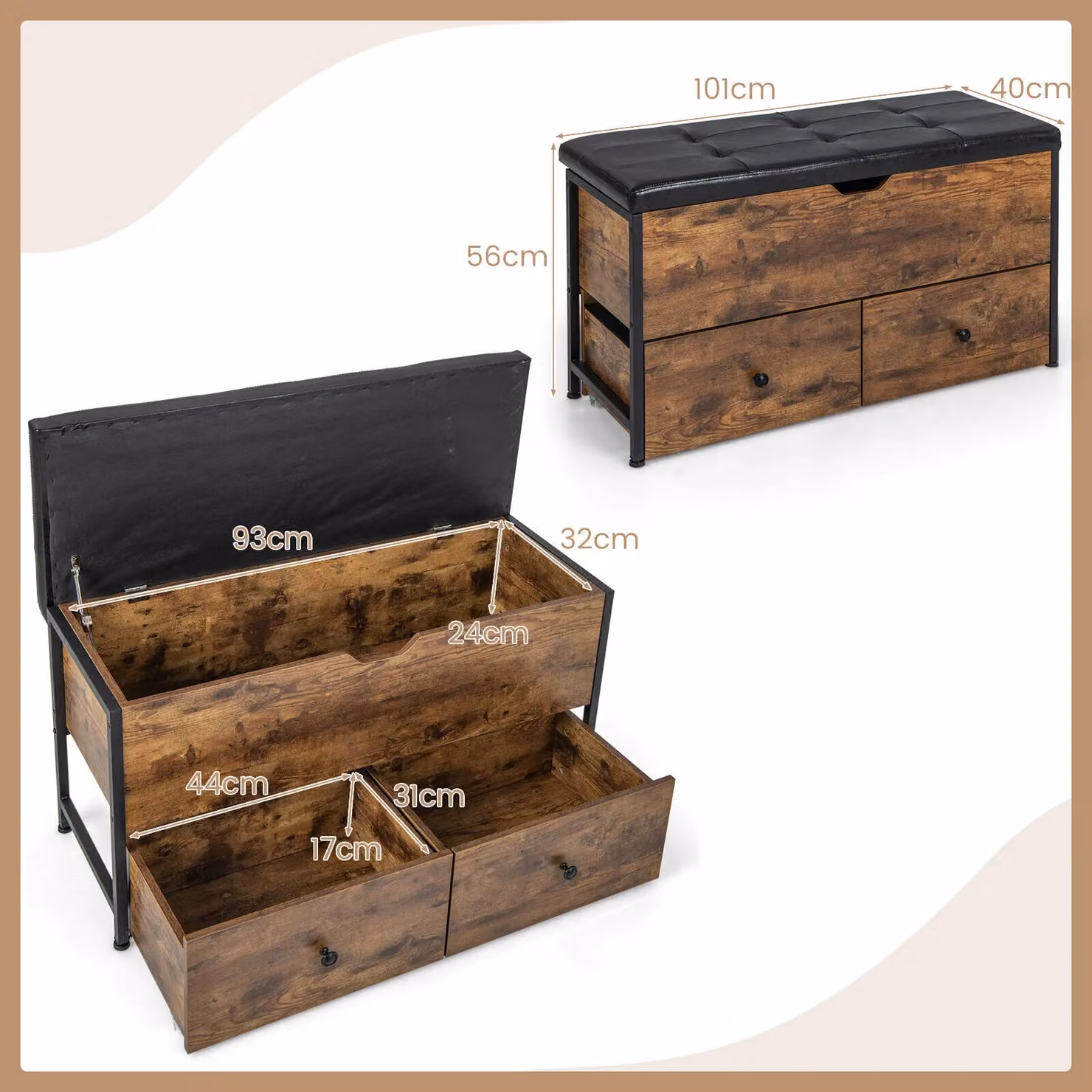 Costway Brown Wooden Storage Ottoman Bench with Flip Top Chest and 2 Drawers – 2