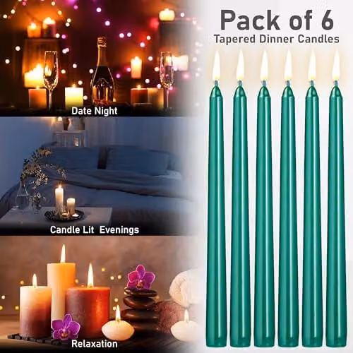 Deco Express Set of 6 Classic Unscented Taper Candles in Green – 6