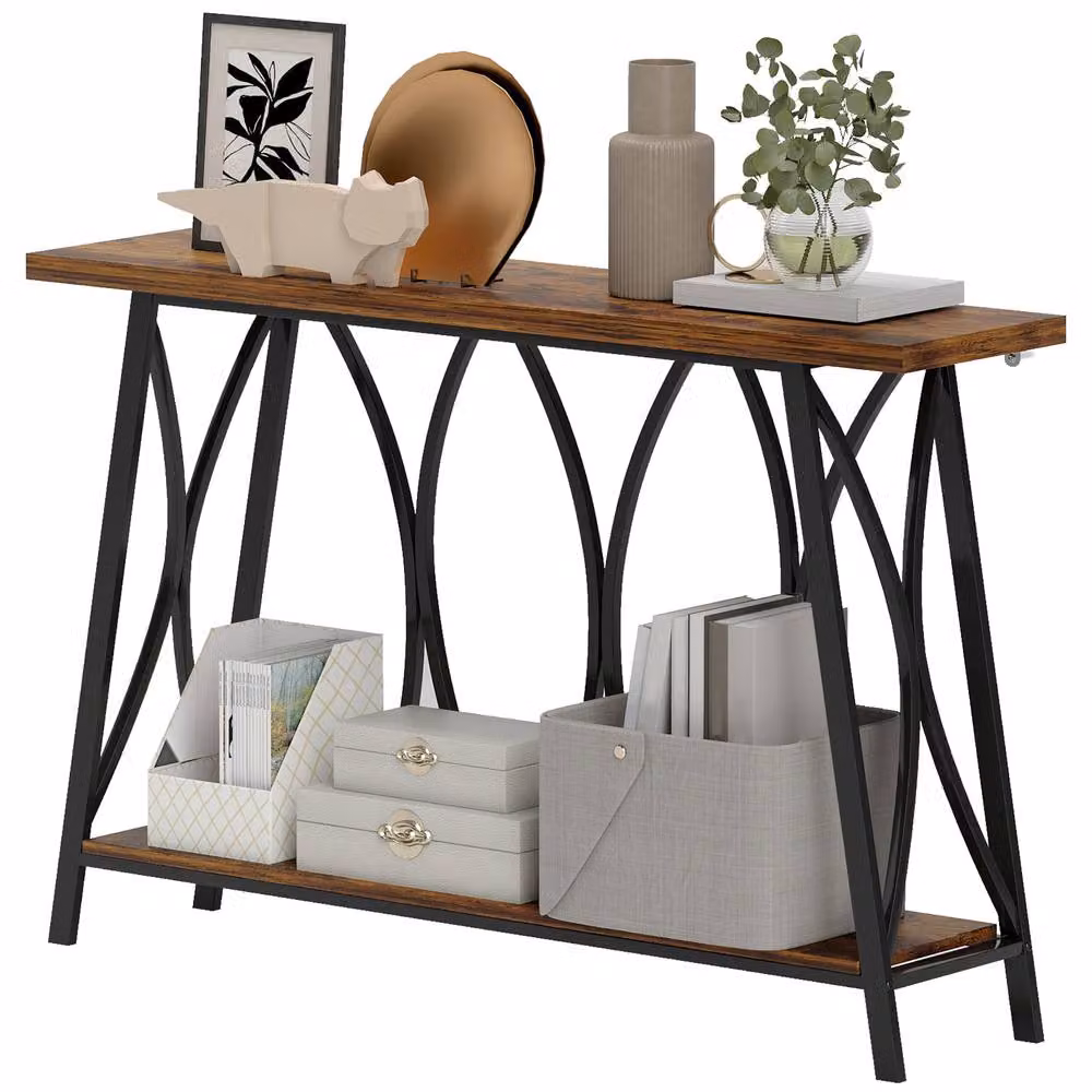 STILVORA Industrial Console Table with Storage in Dark Brown and Black – 2