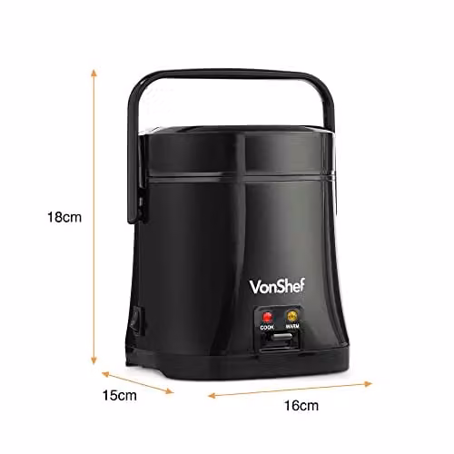 VonShef Mini Electric Rice Cooker in Black, 0.3 l with Keep Warm Function – 8