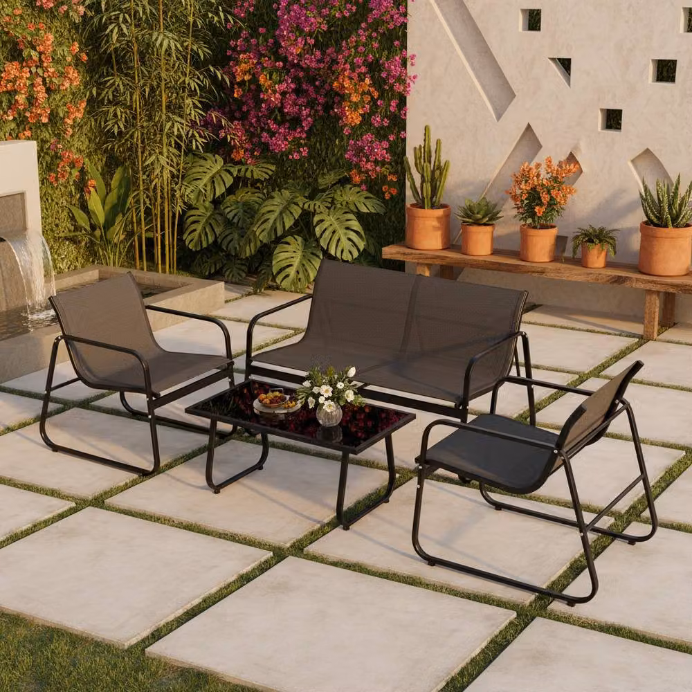 Costway 4-Piece Outdoor Furniture Set in Black with Metal Frame, Upholstered Cushions, 2-Seater Sofa, Armchairs and Coffee Table – 3