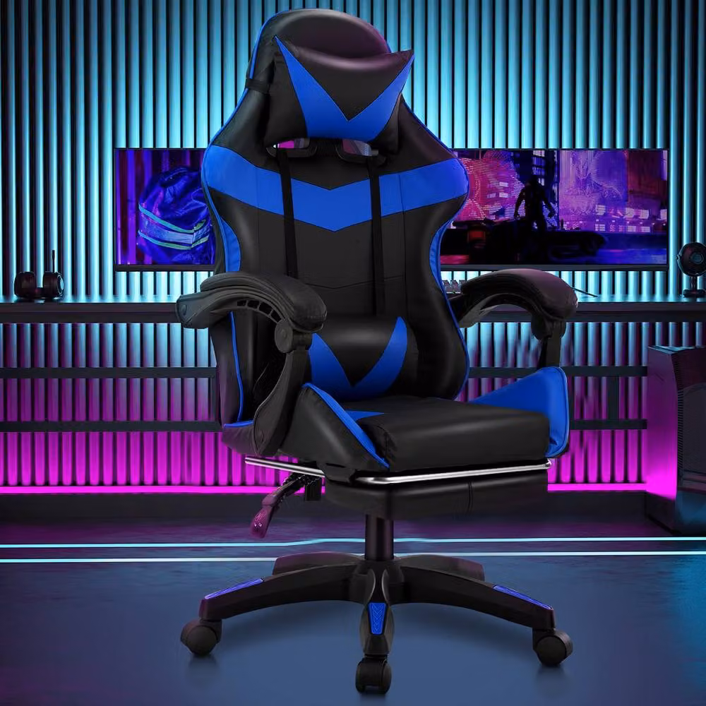 VOGREX Ergonomic PC Gaming Chair in Black and Blue with PU Leather and Lumbar Support – 3