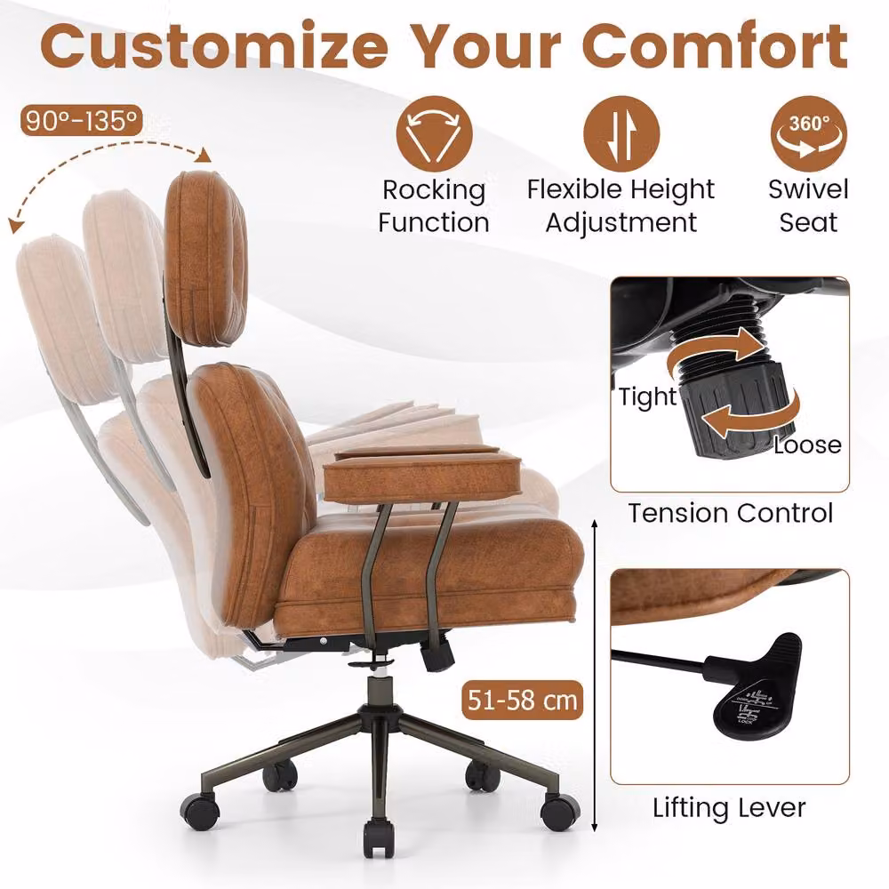 Costway Ergonomic Mid-Century Home Office Swivel Chair with Headrest in Brown – 6