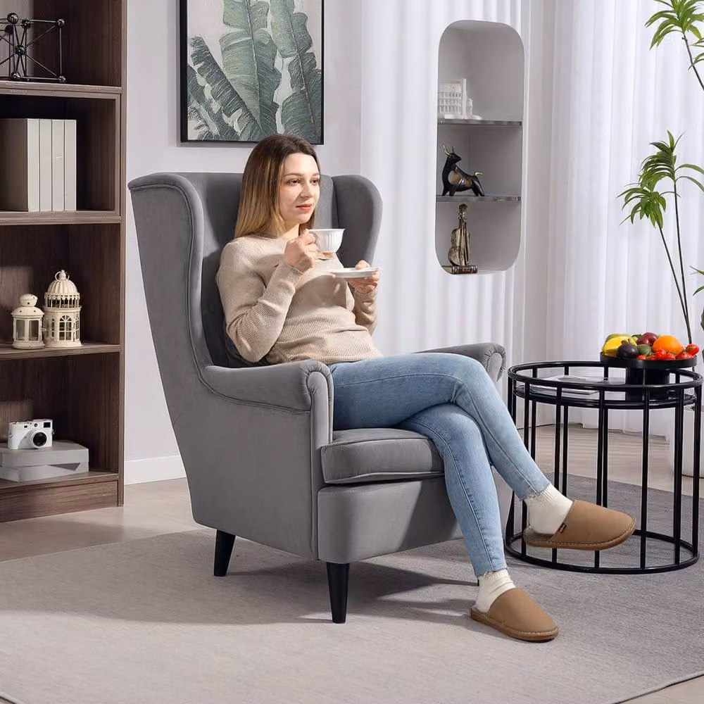 Wyld Haus Harire Dark Grey Velvet Wingback Accent Chair with High Back and Armrests – 3