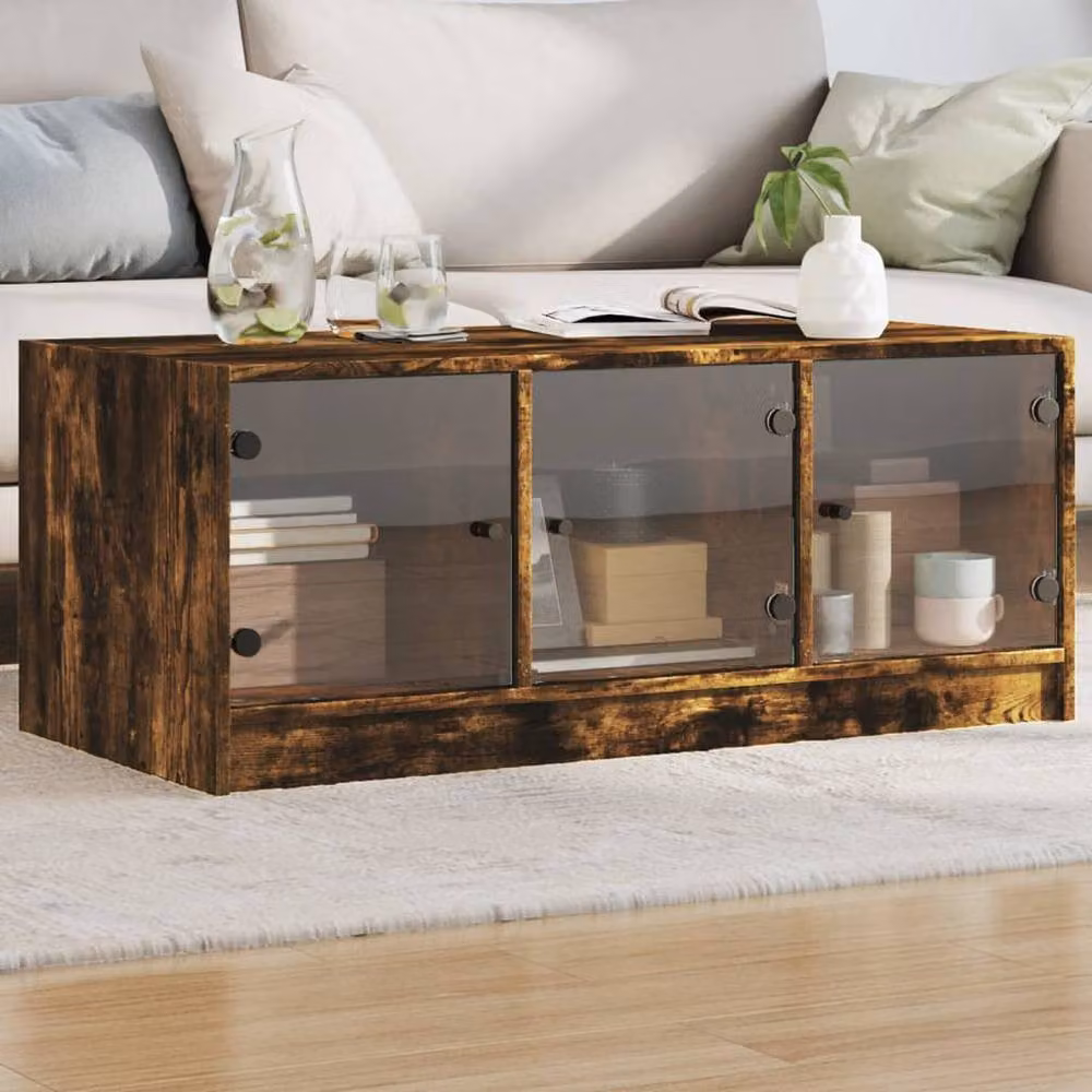 Berkfield Home Coffee Table with Glass Doors in Smoked Oak Brown, W/D/H: 102 x 50 x 42 cm – 2