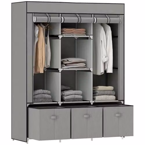HOMCOM Modern Fabric Wardrobe with Roll Shutter, Hanging Rod, Internal Shelves and Drawers, Grey, W/D/H: 125 x 43 x 162.5 cm – 1