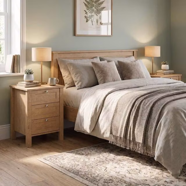 FWStyle Set of 2 Natural Oak 3 Drawer Bedside Table Chests in Brown, H: 60 cm, W: 40 cm, D: 40 cm – 1
