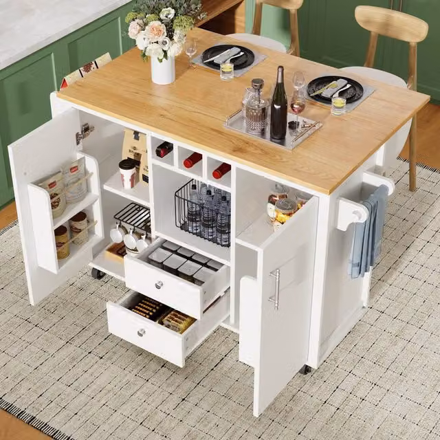 Rolipo White Modern Kitchen Island Cart with Folding Wood Worktop and Wine Rack – 1