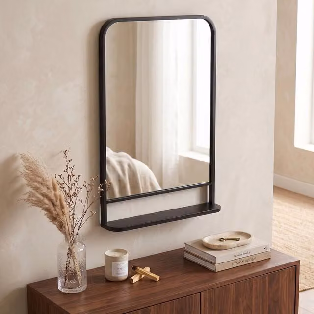 HOMCOM Modern Rectangular Wall Mirror with Storage Shelf in Black, 86 x 53 cm – 1