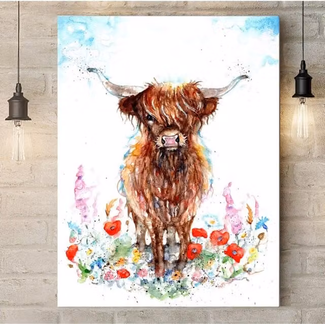 BebesArts Highland Cow in the Meadow Canvas Painting, Brown, W: 45.72 cm x H: 30.48 cm