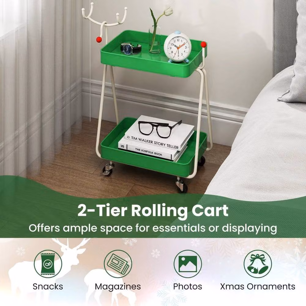 Kelvenix 2-Tier Christmas Rolling Cart with Metal Frame and Wheels, Green – 4