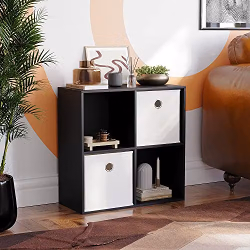 Vida Designs Durham 4 Cube Bookcase Storage Organiser with 2 White Baskets, Black
