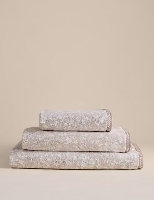 M&S Fluffy Pure Cotton Leopard Print Towel in Beige with Graphic Border