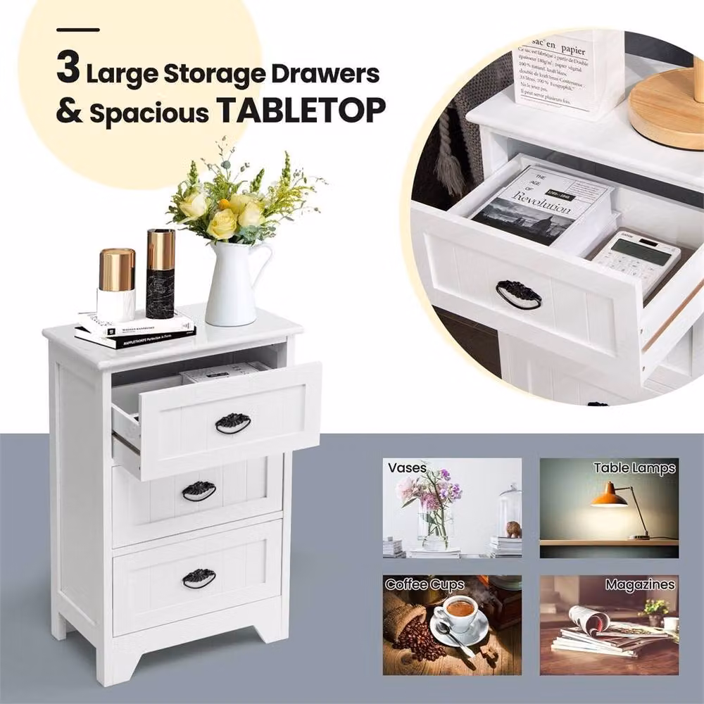 NESTLUNE Vintage 3-Drawer Wood Bedside Table and Accent Nightstand in White – 2