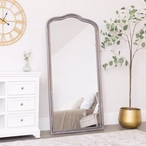 Melody Maison Large Arched Washed Stone Wooden Framed Leaner Mirror in Grey, W: 78 cm, H: 158 cm