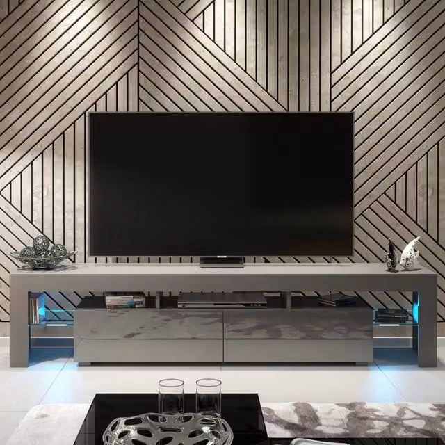 Creative Furniture Modern Glossy TV Unit in Grey, Black and White, W: 200 cm, D: 45 cm, H: 35 cm