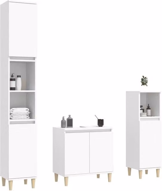 Berkfield Home Modern 3 Piece White MDF Bathroom Furniture Set with Vanity Unit, Tall Cabinet and Side Cabinet