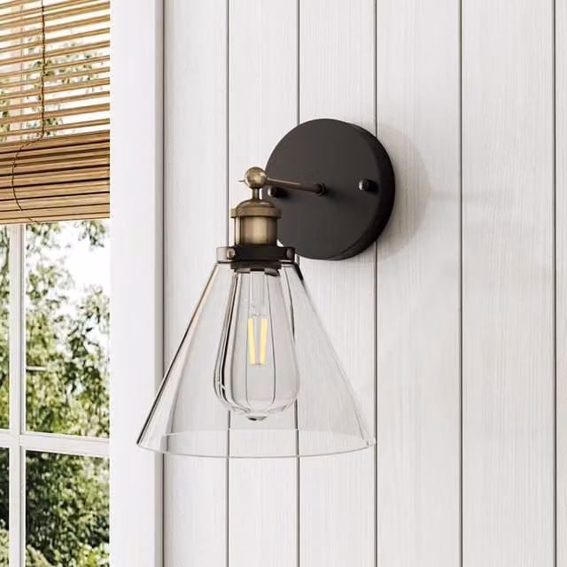 Livingandhome Industrial Wall Sconce with Transparent Cone Glass Shade in Brass