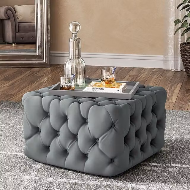 Livingandhome Grey Velvet Chesterfield Buttoned Tufted Cube Footstool