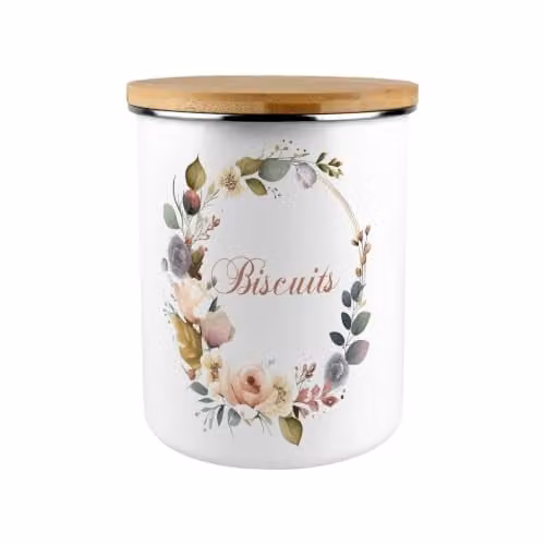 Purely Home Floral Wreath Biscuit Storage Tin, 2.7 l, Multicoloured Enamel with Bamboo Lid