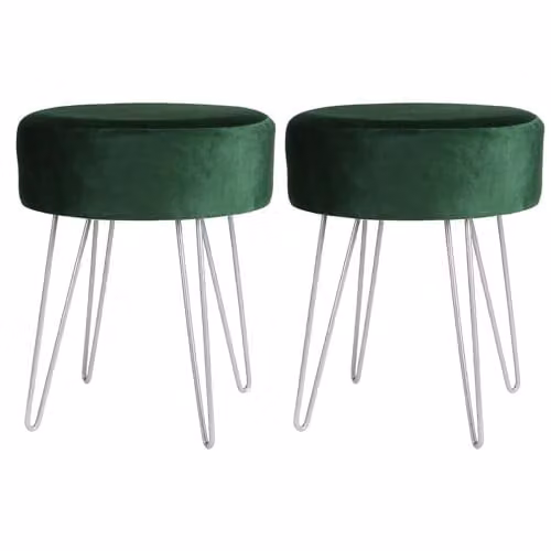 Harbour Housewares Round Velvet Footstools, Pack of 2, Green with Silver Legs, H41 x D45 cm – 1