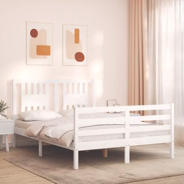 Berkfield Home White Solid Pine Wood Bed Frame with Headboard W/D/H: 140 x 190 cm – 1