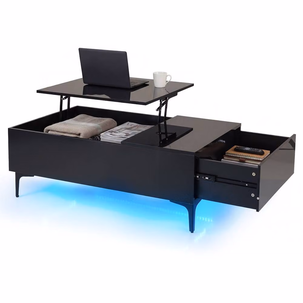 Costway Modern Lift Top Coffee Table and Sofa Side Table in Black High Gloss Finish – 3