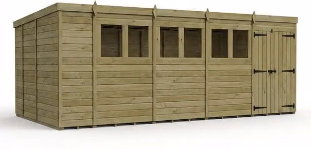 Buttercup Farm Brown Timber Pent Garden Shed with Double Doors and Windows, W: 548.6 cm, D: 274 cm, H: 210 cm – 1