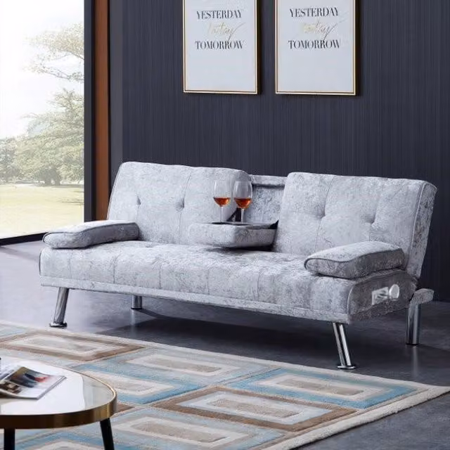 Comfy Living Verona Crush Velvet Click Clack Sofa Bed with Cup Holder in Silver