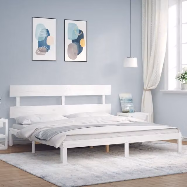 Berkfield Home White Solid Pine Wood Bed Frame with Headboard 200 x 200 cm – 1